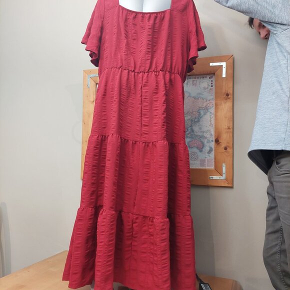 Bloomchic Ruched Drawstring Pocket Ruffles Tiered Deep Red Dress Plus Size 22-24 - Picture 5 of 13